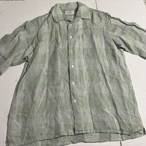 Neiman Marcus 100% Linen  Green Shirt short Sleeves Size Large Barry Natural